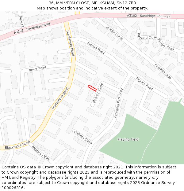 36, MALVERN CLOSE, MELKSHAM, SN12 7RR: Location map and indicative extent of plot