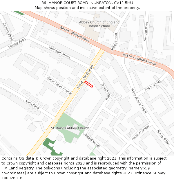 36, MANOR COURT ROAD, NUNEATON, CV11 5HU: Location map and indicative extent of plot