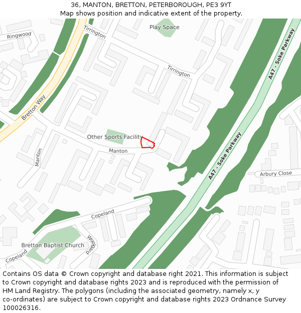 36, MANTON, BRETTON, PETERBOROUGH, PE3 9YT: Location map and indicative extent of plot