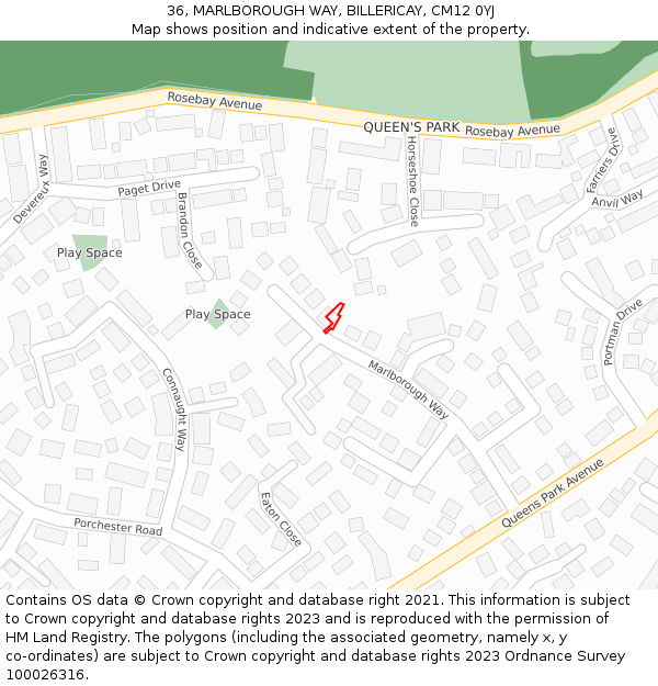 36, MARLBOROUGH WAY, BILLERICAY, CM12 0YJ: Location map and indicative extent of plot
