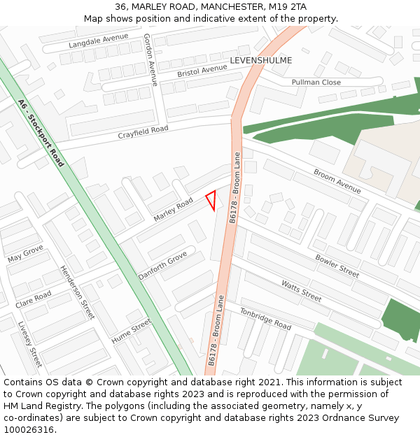 36, MARLEY ROAD, MANCHESTER, M19 2TA: Location map and indicative extent of plot