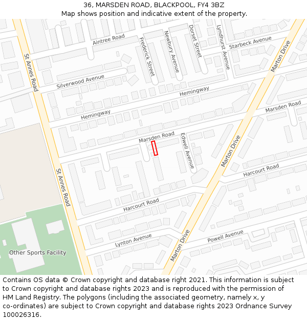 36, MARSDEN ROAD, BLACKPOOL, FY4 3BZ: Location map and indicative extent of plot