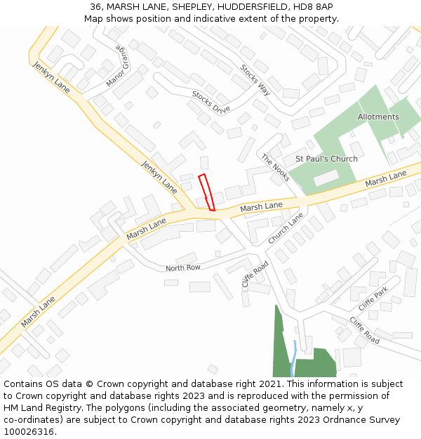 36, MARSH LANE, SHEPLEY, HUDDERSFIELD, HD8 8AP: Location map and indicative extent of plot