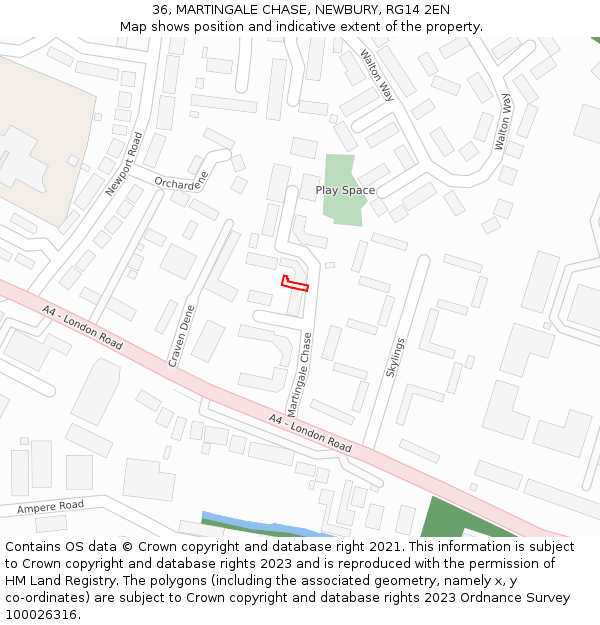 36, MARTINGALE CHASE, NEWBURY, RG14 2EN: Location map and indicative extent of plot