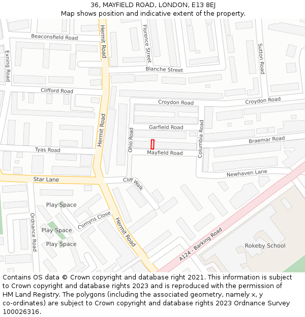 36, MAYFIELD ROAD, LONDON, E13 8EJ: Location map and indicative extent of plot