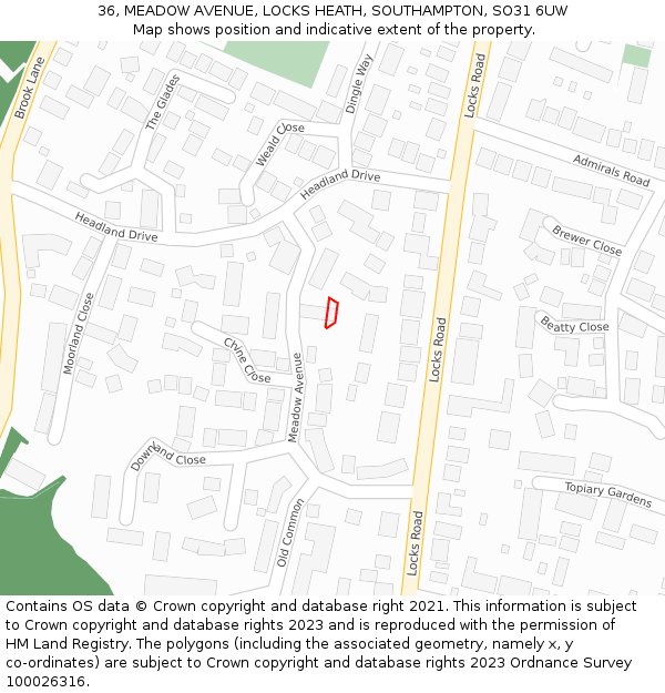 36, MEADOW AVENUE, LOCKS HEATH, SOUTHAMPTON, SO31 6UW: Location map and indicative extent of plot