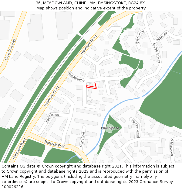 36, MEADOWLAND, CHINEHAM, BASINGSTOKE, RG24 8XL: Location map and indicative extent of plot