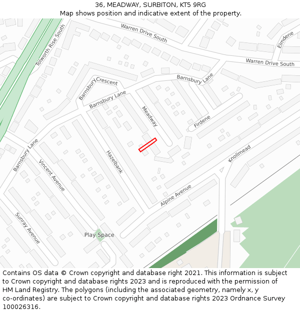 36, MEADWAY, SURBITON, KT5 9RG: Location map and indicative extent of plot