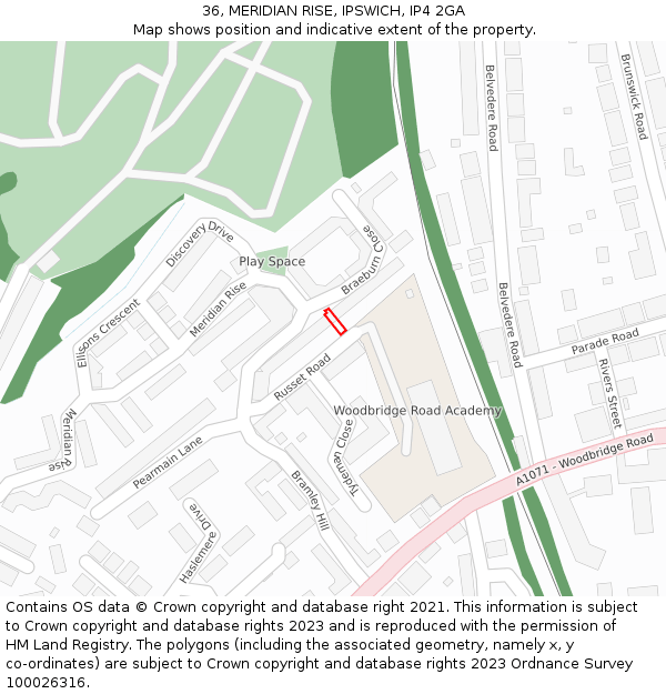36, MERIDIAN RISE, IPSWICH, IP4 2GA: Location map and indicative extent of plot