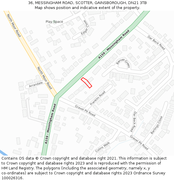 36, MESSINGHAM ROAD, SCOTTER, GAINSBOROUGH, DN21 3TB: Location map and indicative extent of plot