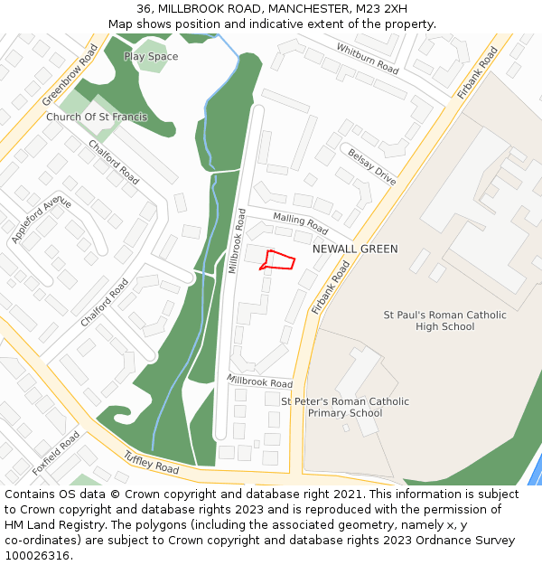 36, MILLBROOK ROAD, MANCHESTER, M23 2XH: Location map and indicative extent of plot
