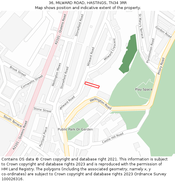 36, MILWARD ROAD, HASTINGS, TN34 3RR: Location map and indicative extent of plot
