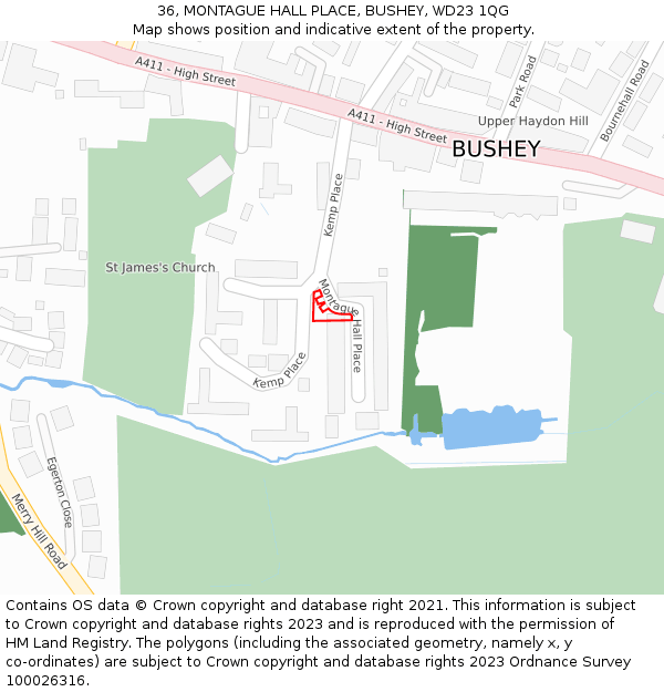 36, MONTAGUE HALL PLACE, BUSHEY, WD23 1QG: Location map and indicative extent of plot