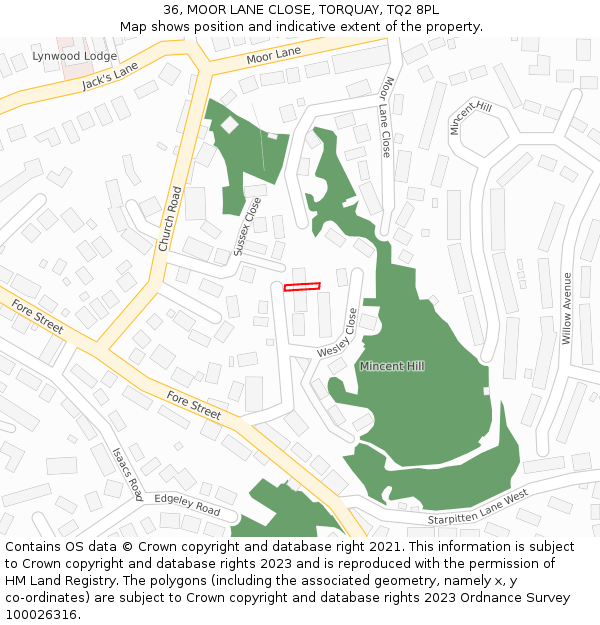 36, MOOR LANE CLOSE, TORQUAY, TQ2 8PL: Location map and indicative extent of plot