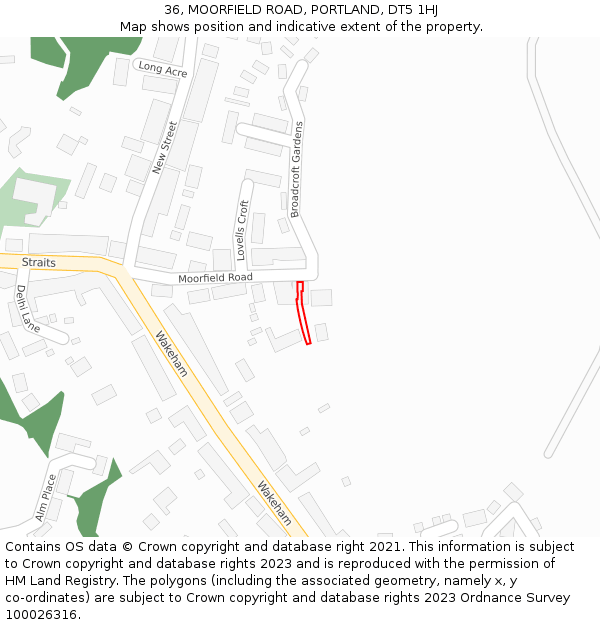 36, MOORFIELD ROAD, PORTLAND, DT5 1HJ: Location map and indicative extent of plot