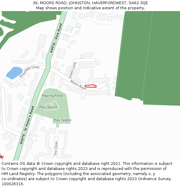 36, MOORS ROAD, JOHNSTON, HAVERFORDWEST, SA62 3QE: Location map and indicative extent of plot