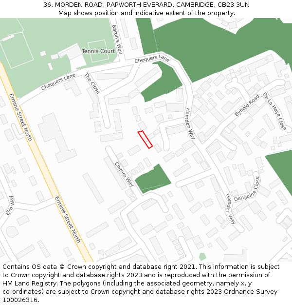 36, MORDEN ROAD, PAPWORTH EVERARD, CAMBRIDGE, CB23 3UN: Location map and indicative extent of plot