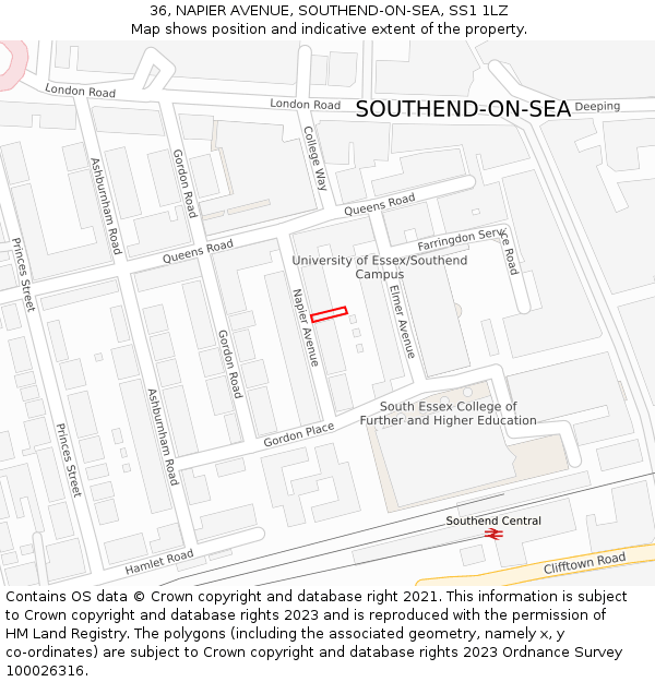 36, NAPIER AVENUE, SOUTHEND-ON-SEA, SS1 1LZ: Location map and indicative extent of plot