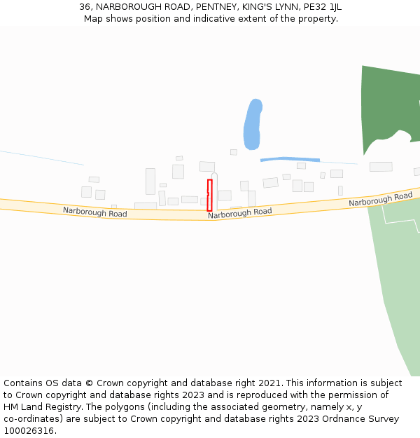 36, NARBOROUGH ROAD, PENTNEY, KING'S LYNN, PE32 1JL: Location map and indicative extent of plot
