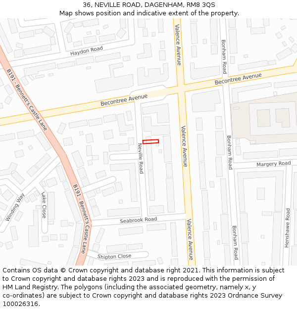 36, NEVILLE ROAD, DAGENHAM, RM8 3QS: Location map and indicative extent of plot