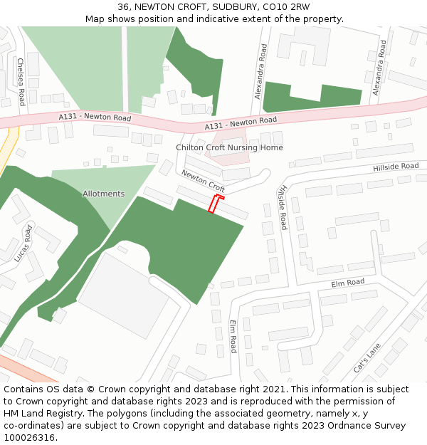 36, NEWTON CROFT, SUDBURY, CO10 2RW: Location map and indicative extent of plot