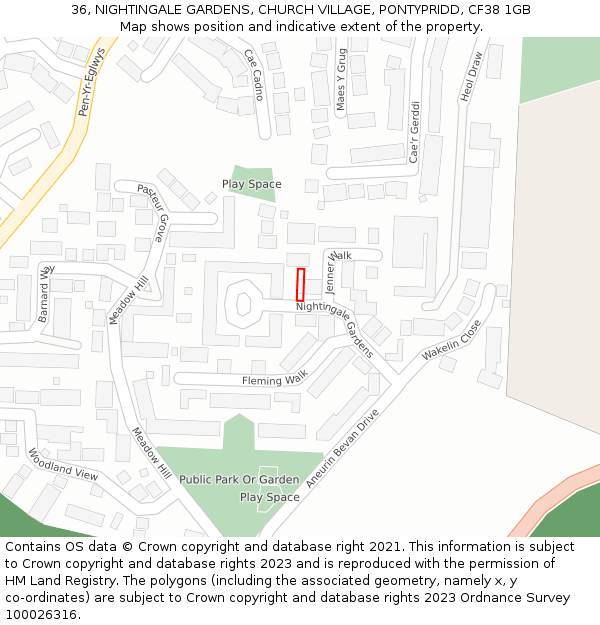 36, NIGHTINGALE GARDENS, CHURCH VILLAGE, PONTYPRIDD, CF38 1GB: Location map and indicative extent of plot