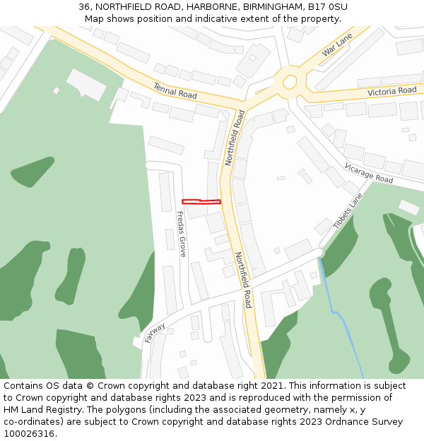 36, NORTHFIELD ROAD, HARBORNE, BIRMINGHAM, B17 0SU: Location map and indicative extent of plot
