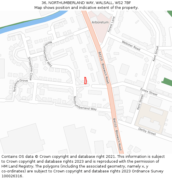 36, NORTHUMBERLAND WAY, WALSALL, WS2 7BF: Location map and indicative extent of plot