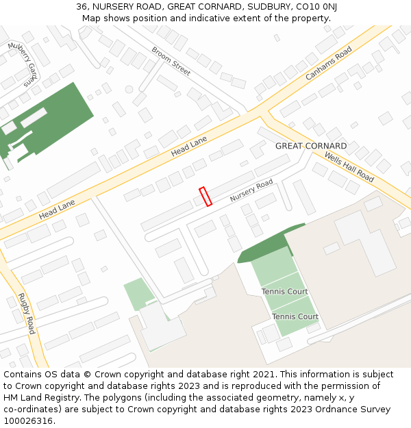 36, NURSERY ROAD, GREAT CORNARD, SUDBURY, CO10 0NJ: Location map and indicative extent of plot