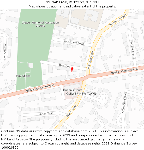 36, OAK LANE, WINDSOR, SL4 5EU: Location map and indicative extent of plot