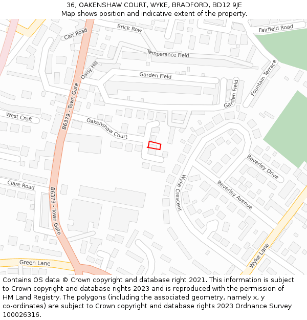 36, OAKENSHAW COURT, WYKE, BRADFORD, BD12 9JE: Location map and indicative extent of plot
