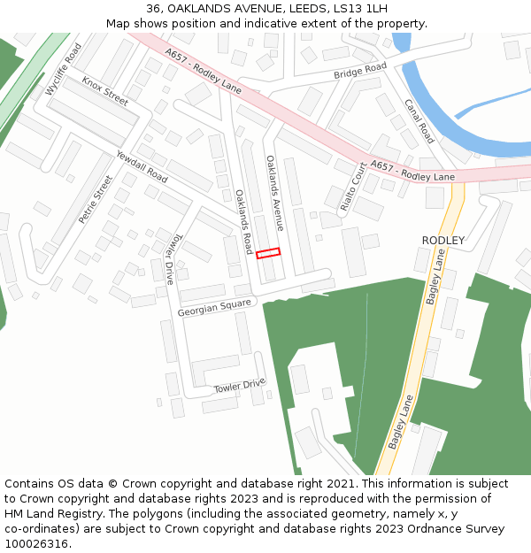 36, OAKLANDS AVENUE, LEEDS, LS13 1LH: Location map and indicative extent of plot