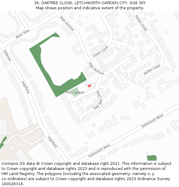 36, OAKTREE CLOSE, LETCHWORTH GARDEN CITY, SG6 3XY: Location map and indicative extent of plot
