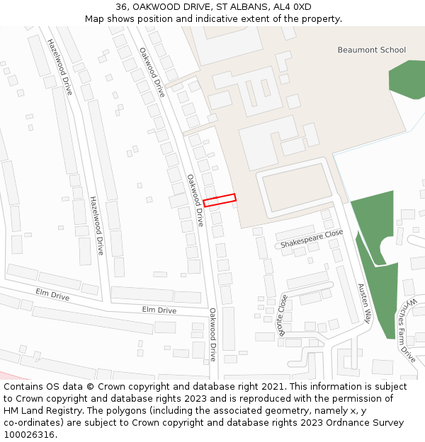 36, OAKWOOD DRIVE, ST ALBANS, AL4 0XD: Location map and indicative extent of plot