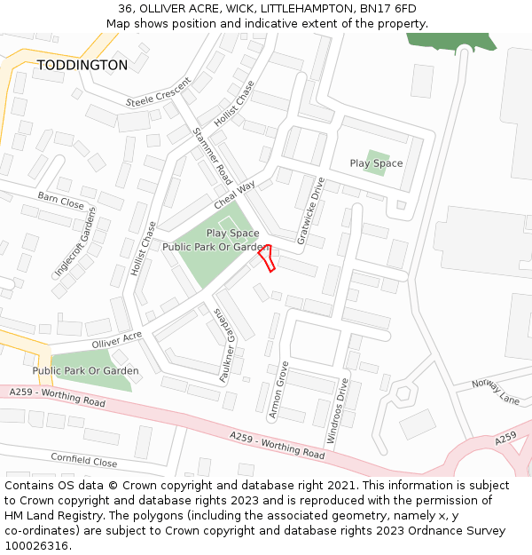 36, OLLIVER ACRE, WICK, LITTLEHAMPTON, BN17 6FD: Location map and indicative extent of plot