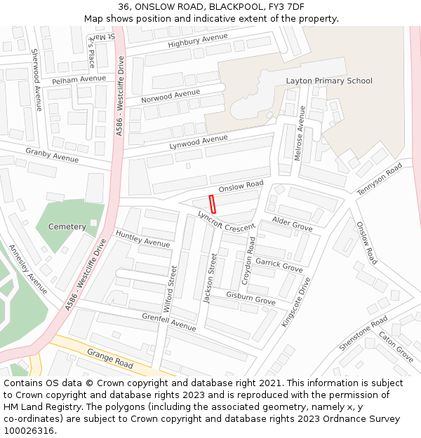 36, ONSLOW ROAD, BLACKPOOL, FY3 7DF: Location map and indicative extent of plot