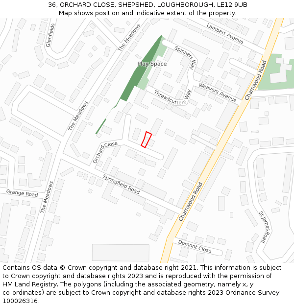 36, ORCHARD CLOSE, SHEPSHED, LOUGHBOROUGH, LE12 9UB: Location map and indicative extent of plot