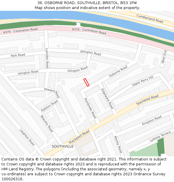 36, OSBORNE ROAD, SOUTHVILLE, BRISTOL, BS3 1PW: Location map and indicative extent of plot