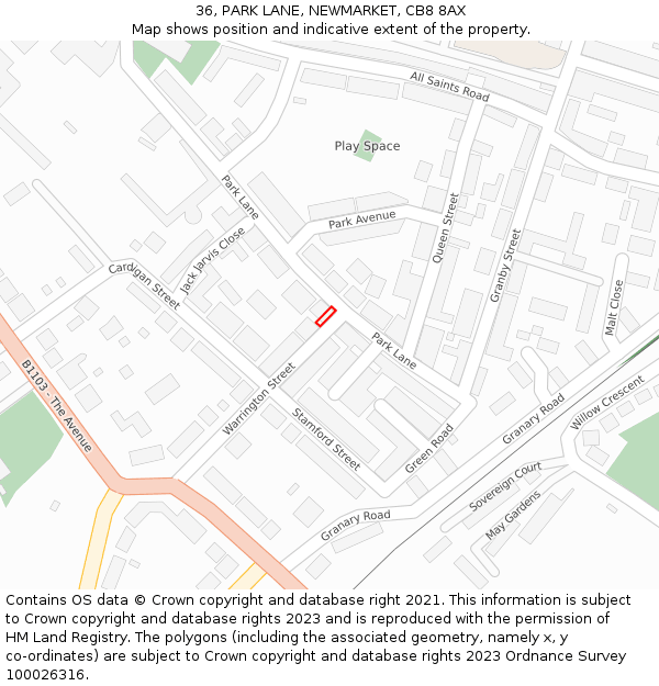 36, PARK LANE, NEWMARKET, CB8 8AX: Location map and indicative extent of plot