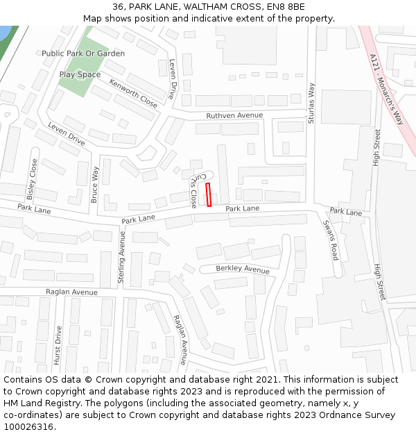 36, PARK LANE, WALTHAM CROSS, EN8 8BE: Location map and indicative extent of plot