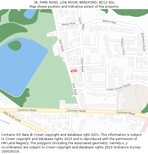 36, PARK ROAD, LOW MOOR, BRADFORD, BD12 0DL: Location map and indicative extent of plot