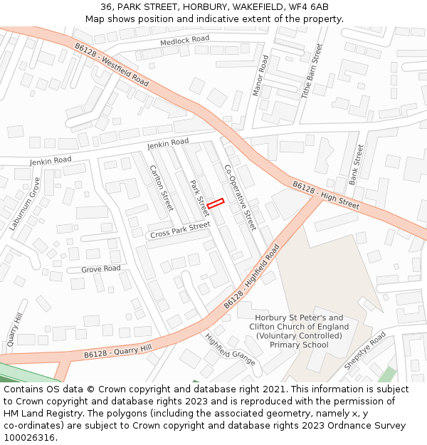 36, PARK STREET, HORBURY, WAKEFIELD, WF4 6AB: Location map and indicative extent of plot