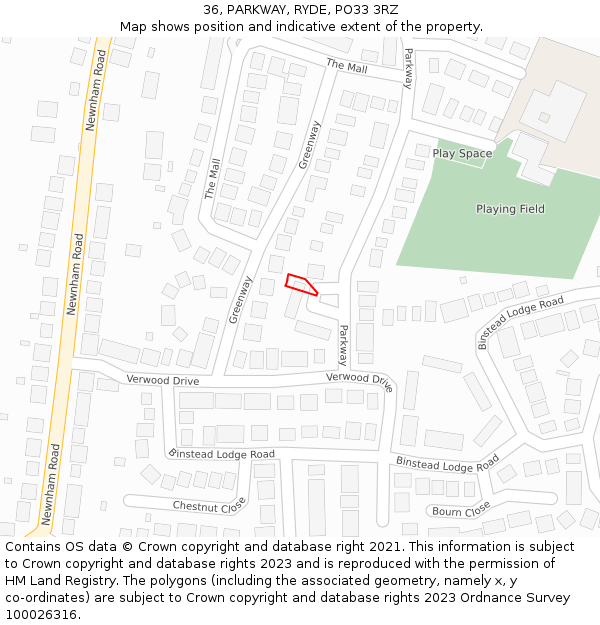 36, PARKWAY, RYDE, PO33 3RZ: Location map and indicative extent of plot
