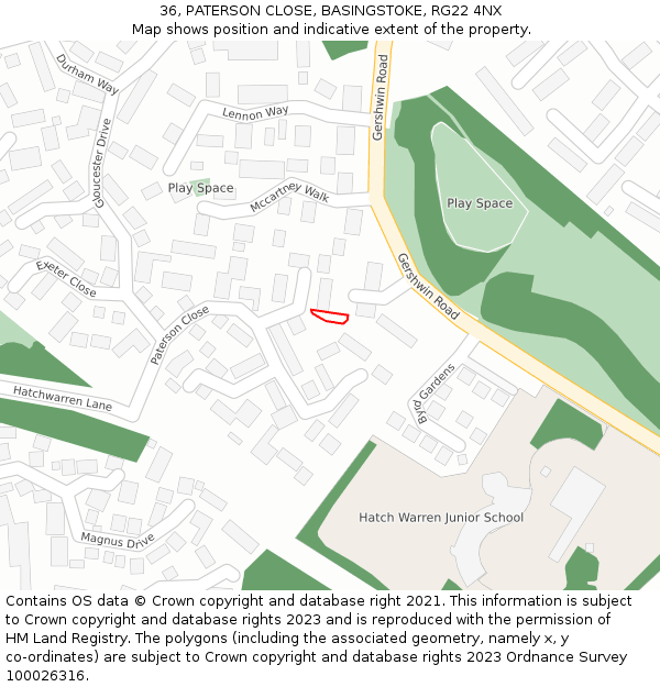 36, PATERSON CLOSE, BASINGSTOKE, RG22 4NX: Location map and indicative extent of plot
