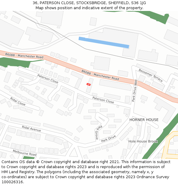 36, PATERSON CLOSE, STOCKSBRIDGE, SHEFFIELD, S36 1JG: Location map and indicative extent of plot