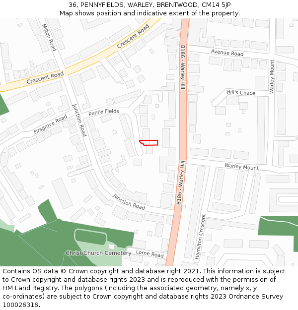 36, PENNYFIELDS, WARLEY, BRENTWOOD, CM14 5JP: Location map and indicative extent of plot