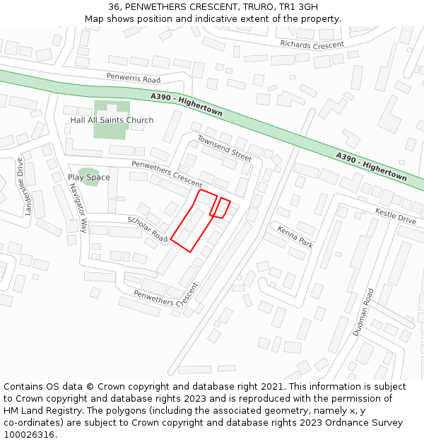 36, PENWETHERS CRESCENT, TRURO, TR1 3GH: Location map and indicative extent of plot