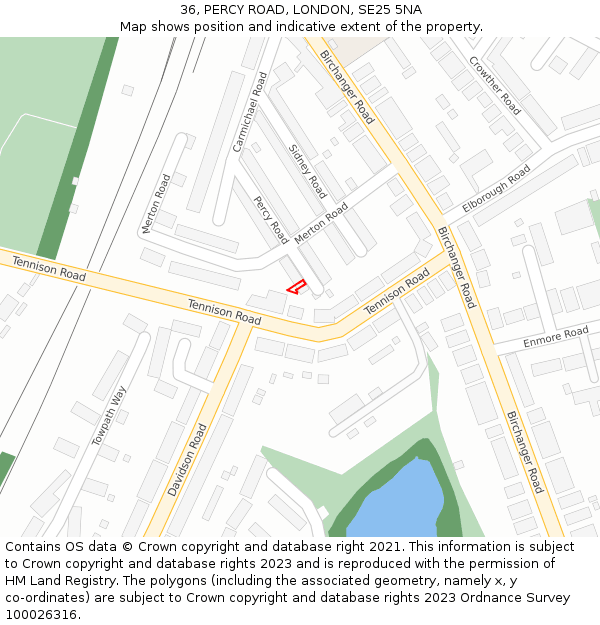 36, PERCY ROAD, LONDON, SE25 5NA: Location map and indicative extent of plot
