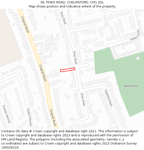 36, PINES ROAD, CHELMSFORD, CM1 2DL: Location map and indicative extent of plot