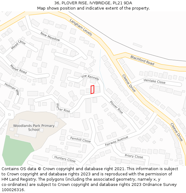 36, PLOVER RISE, IVYBRIDGE, PL21 9DA: Location map and indicative extent of plot